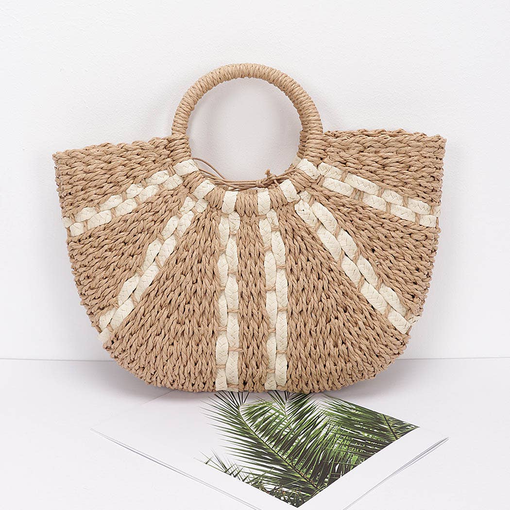 Beige and White Faux Straw Tote Bag