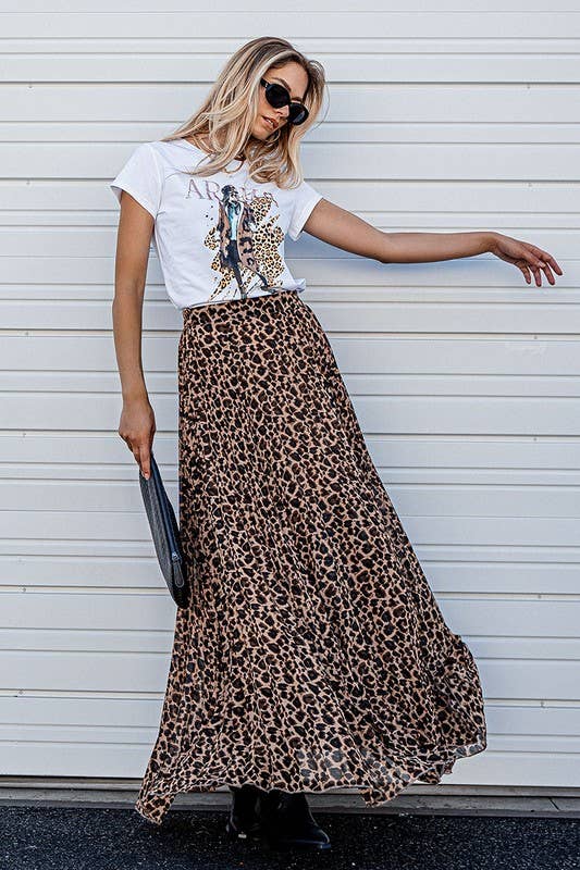 Leopard Animal Print Pleated Midi Skirt