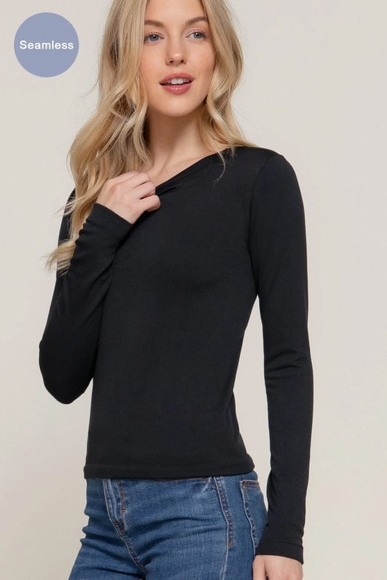 Black Faux Fur Lined Long Sleeve Crew Neck Seamless Top