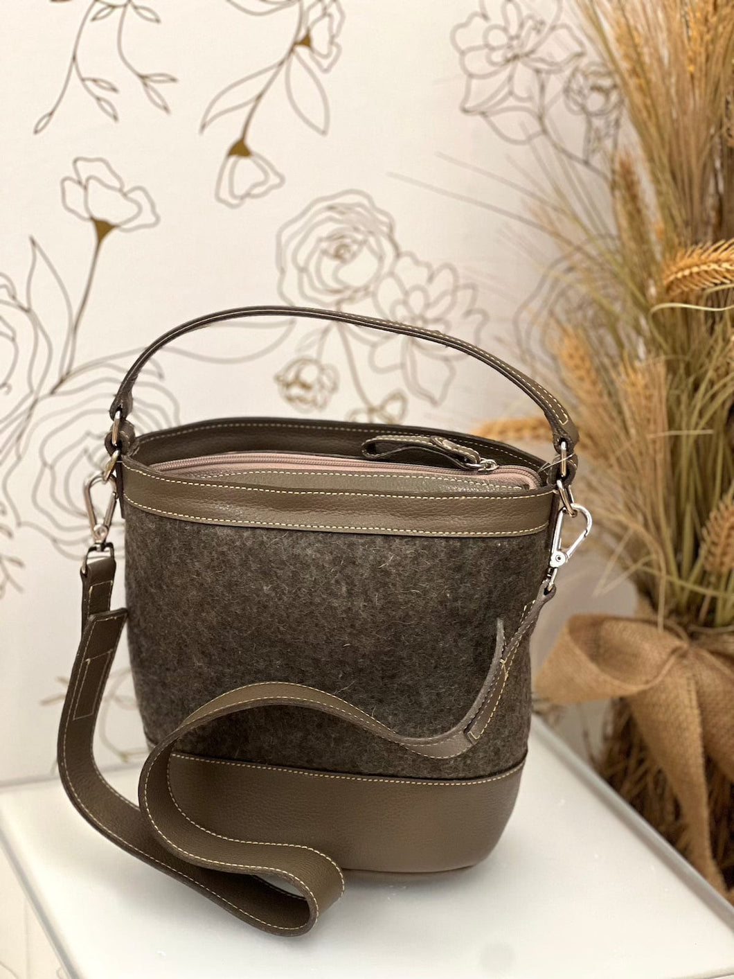 Felt Bucket Bag with Genuine Gray Leather Trim