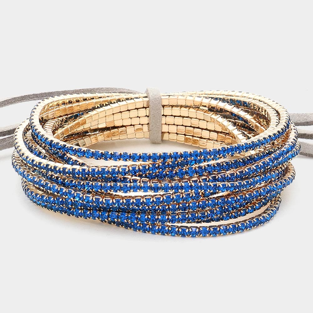 Blue and Gold Rhinestone Layered Stretch Bracelets