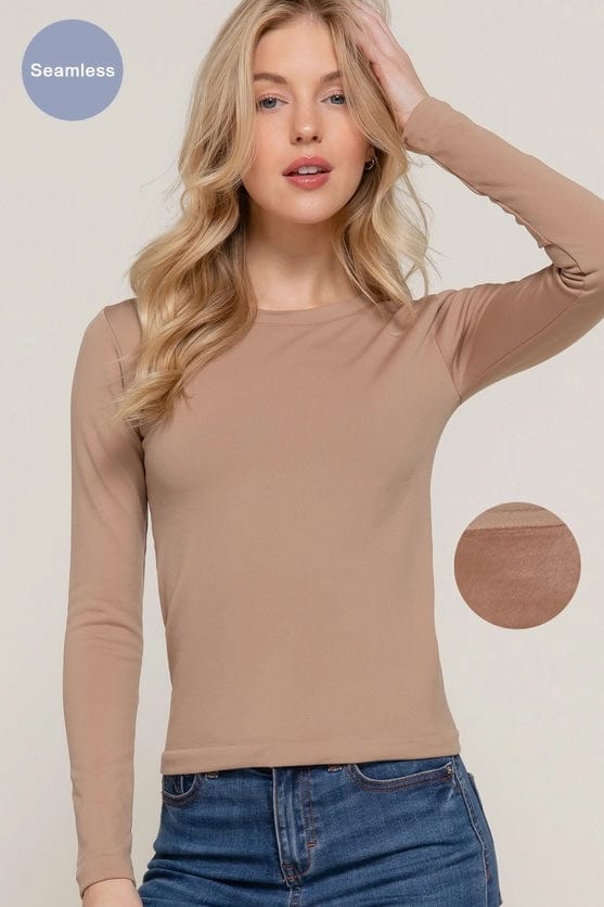 Beige Faux Fur Lined Long Sleeve Crew Neck Seamless Top