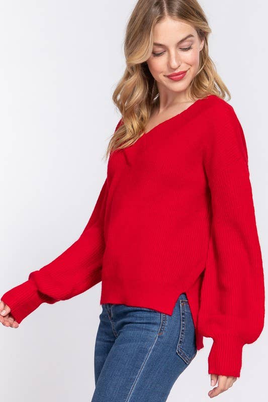 Red Long Sleeve V-neck Sweater