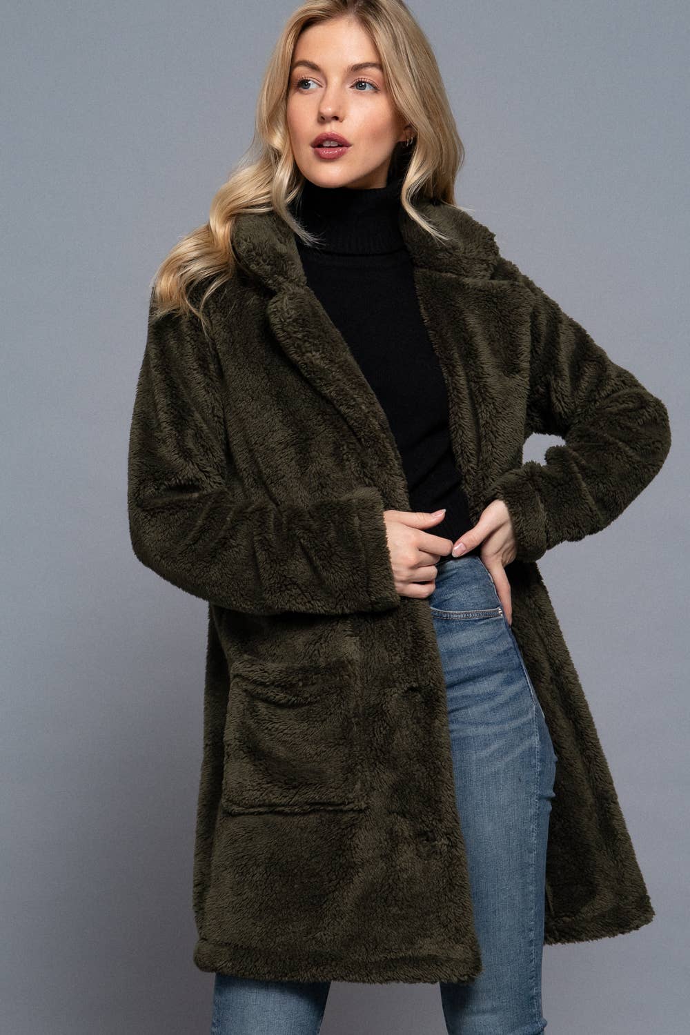 Long Sleeve Notched Collar Sherpa Coat