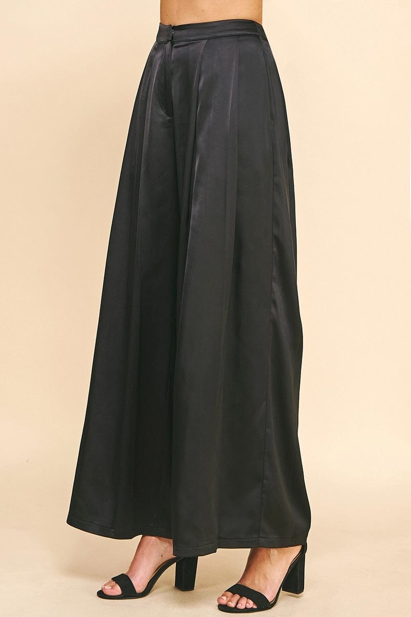 Black Satin Pleated Flare Wide